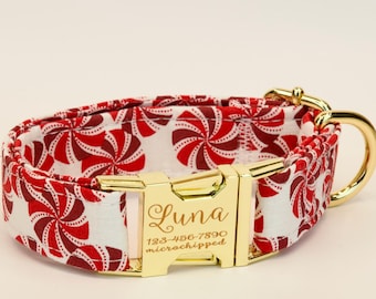 Red Candy-cane Dog or Cat Collar & leash w/ metal buckle or plastic | HAND MADE | Custom Engraved Personalized Collar | 1" or 5/8" wide