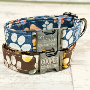 Paw style Dog / Cat Collar w/ metal buckle, HAND MADE , Custom Engraved Personalized Collar, 1&quot; or 5/8&quot; inch wide, designer collars
