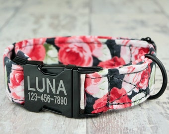 Rose Floral Personalized Dog Collar, Laser Engraved Metal Buckle, Quick Release Buckle, Designer Collars, 1 inch wide