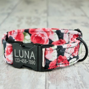 Rose Floral Personalized Dog Collar, Laser Engraved Metal Buckle, Quick Release Buckle, Designer Collars, 1 inch wide