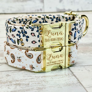 Paisley or Wild berries Dog Collar w/ metal buckle / plastic, HAND MADE , Custom Engraved Personalized Collar, 1 inch wide, designer collars