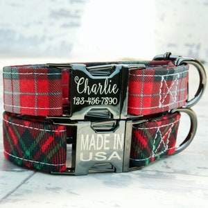 Green or Grey Plaid Dog Collar w/ metal buckle, HAND MADE , Custom Engraved Personalized Collar, 1 inch wide, designer collars