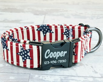 American flag style Dog Collar w/ metal buckle, HAND MADE , Custom Engraved Personalized Collar, 1 inch wide, designer collars