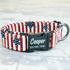 American flag style Dog Collar w/ metal buckle, HAND MADE , Custom Engraved Personalized Collar, 1 inch wide, designer collars