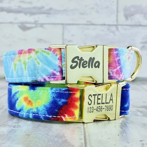 Rainbow Tie Dye Dog Collar | Engraved Dog Buckle | 1 Inch Dog Collar | Custom Name Dog Collar | Puppy Collar | Hippie Dog Collar