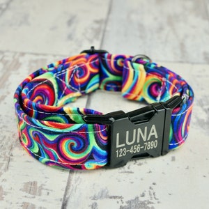 Personalized Color Swirl Dog Collar, Laser Engraved Metal Buckle, Quick Release Buckle, Designer Collars, 1 inch wide