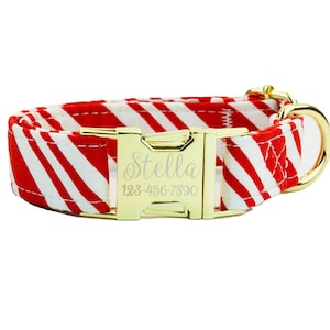 Candy cane, Christmas Dog Collar w/ metal buckle or plastic, HAND MADE , Custom Engraved Personalized Collar, 1 inch wide, designer collars