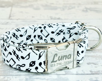 Musical-notes style Dog Collar w/ metal buckle, HAND MADE , Custom Engraved Personalized Collar, 1 inch wide, designer collars