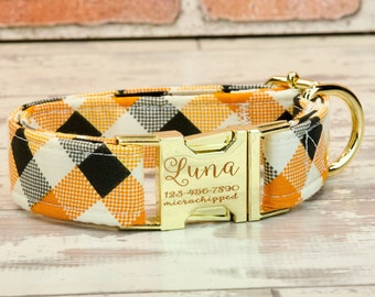 Fall Checkers Dog or Cat Collar & leash w/ metal buckle or plastic | HAND MADE | Custom Engraved Personalized Collar | 1" or 5/8" wide