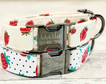 Strawberry  Dog or Cat Collar w/ metal buckle, HAND MADE ,Custom Engraved Personalized Collar, 1 or 5/8" inch wide, matching leash