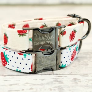 Strawberry  Dog or Cat Collar w/ metal buckle, HAND MADE ,Custom Engraved Personalized Collar, 1 or 5/8" inch wide, matching leash