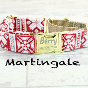 Christmas style Dog Collar w/ metal buckle, Martingale, HAND MADE , Custom Engraved Personalized Collar, 1 inch wide, designer collars