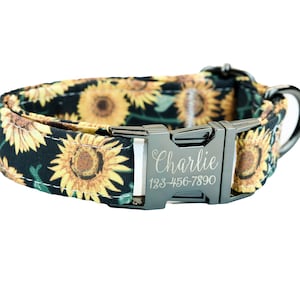 Sunflower Dog Collar w/ metal buckle, HAND MADE , Custom Engraved Personalized Collar, 1 inch wide, designer collars, Floral or Pumpkin