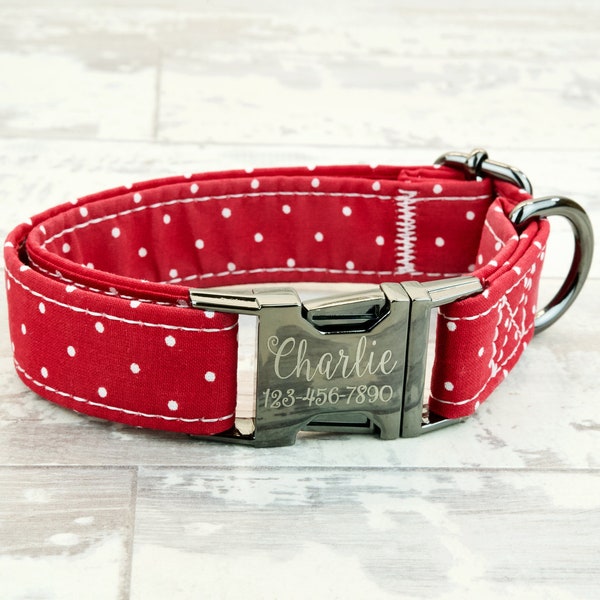 Red polka dot Dog Collar w/ metal buckle or plastic | HAND MADE | Custom Engraved Personalized Collar | 1 inch wide | designer collars