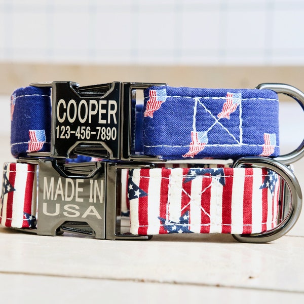 American flag/stars&stripes style Dog Collar w/ metal buckle, HAND MADE , Custom Engraved Personalized Collar, 1 inch wide, designer collars