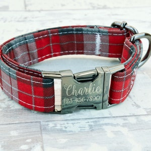 Plaid Dog Collar w/ metal buckle, HAND MADE , Custom Engraved Personalized Collar, 1 inch wide, designer collars,Dog gift