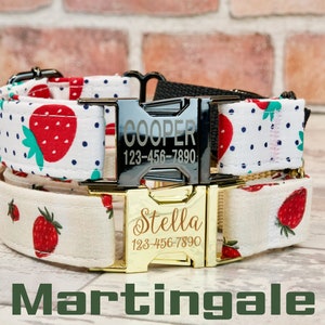 Strawberry | Martingale dog collar | 1" inch wide, Handmade | Personalized collar | metal or plastic buckle | quick release