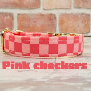 Pink Checkers! Dog or Cat Collar & leash w/ metal buckle or plastic | HAND MADE | Custom Engraved Personalized Collar | 1" or 5/8" wide