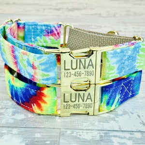 Tie Dye Dog Collar w/ metal buckle, Martingale, HAND MADE , Custom Engraved Personalized Collar, 1 inch wide, designer collars, Rainbow