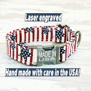 American flag style Dog Collar w/ metal buckle, HAND MADE , Custom Engraved Personalized Collar, 1 inch wide, designer collars