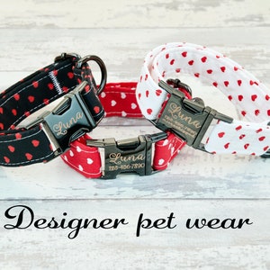 Heart polka-dot Dog Collar w/ metal buckle or plastic | HAND MADE | Custom Engraved Personalized Collar | 1 inch wide | designer collars