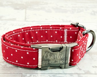Red polka dot Dog Collar w/ metal buckle or plastic | HAND MADE | Custom Engraved Personalized Collar | 1 inch wide | designer collars