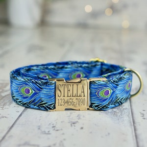 Personalized Peacock Feathers Style Dog collar w/ metal buckle, HAND MADE , Custom Engraved, Designer collar, 1 inch wide