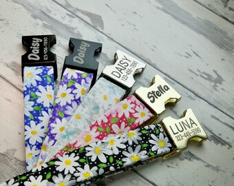 Daisy Floral Dog Collars w/ metal buckle, HAND MADE , Custom Engraved Personalized Collar, 1 inch wide, designer collars