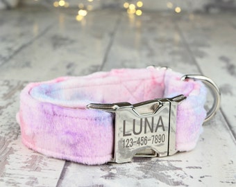Plush Cotton Candy Luxury Dog Collar w/ metal buckle, HAND MADE , Custom Engraved Personalized Collar, 1 inch wide, designer collars
