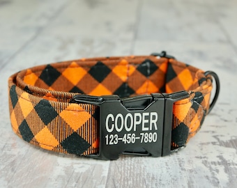 Orange Plaid Dog Collar w/ metal buckle, HAND MADE , Custom Engraved Personalized Collar