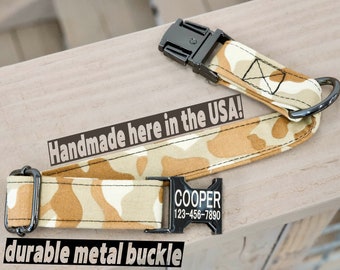 Desert Camo Dog Collar w/ metal buckle, HAND MADE , Custom Engraved Personalized Collar