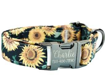 Sunflower Dog Collar w/ metal buckle, HAND MADE , Custom Engraved Personalized Collar, 1 inch wide, designer collars, Floral or Pumpkin