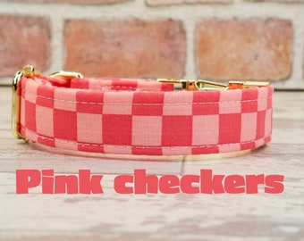 Pink Checkers! Dog or Cat Collar & leash w/ metal buckle or plastic | HAND MADE | Custom Engraved Personalized Collar | 1" or 5/8" wide