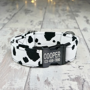 Cow Dog style Dog or Cat Collar w/ metal buckle, HAND MADE , Custom Engraved Personalized Collar, 1 or 5/8" inch wide, designer collars