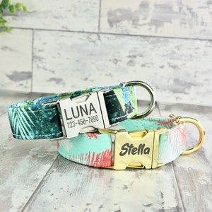 1 in Tropical/Peach&white Dog Collar w/ metal buckle, HAND MADE , Custom Engraved Personalized Collar