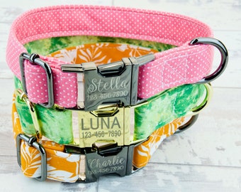 Dog Collar Pink polka-dot/tropical tangerine/green tie dye, Laser Engraved Metal Buckle, Quick Release Buckle, Designer Collars, 1 inch wide