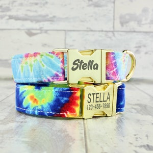 Personalized Tie Dye Dog Collar, Laser Engraved Metal Buckle, Quick Release Buckle, Designer Collars, 1 inch wide