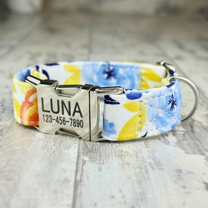 Yellow and White Floral Dog Collar w/ metal buckle, HAND MADE , Custom Engraved Personalized Collar, 1 inch wide, designer collars