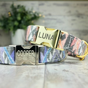 Pink or Blue Personalized Boho Dog collar, Laser Engraved Metal Buckle, Quick Release Buckle, Designer Collars, 1 inch wide