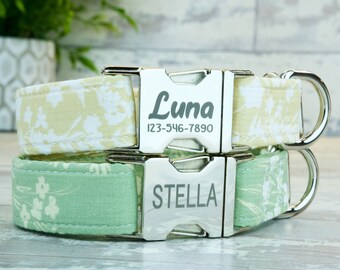 Beige/Pistachio Floral Dog Collar w/ metal buckle or plastic | HAND MADE | Custom Engraved Personalized Collar | 1 inch wide | girl collar