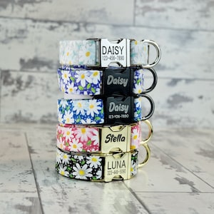 Daisy Floral Dog Collars w/ metal buckle, HAND MADE , Custom Engraved Personalized Collar, 1 inch wide, designer collars