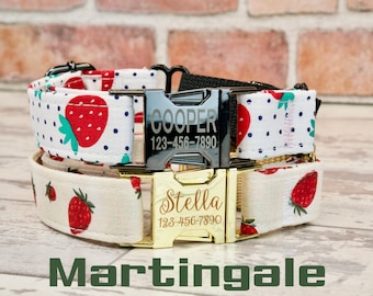 Strawberry | Martingale dog collar | 1" inch wide, Handmade | Personalized collar | metal or plastic buckle | quick release