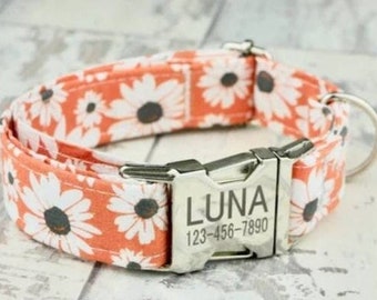 Handcrafted Peach Daisy Floral Dog/Cat Collar - Custom Engraved, 1" OR 5/8" Wide, Designer Collar with Metal or Plastic Buckle
