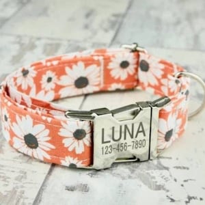 Handcrafted Peach Daisy Floral Dog/Cat Collar - Custom Engraved, 1" OR 5/8" Wide, Designer Collar with Metal or Plastic Buckle