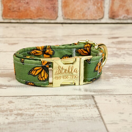Collier et laisse papillon monarque pour chien ou chat avec boucle en métal ou en plastique | FAIT MAIN | Collier personnalisé gravé sur mesure | 1" ou 5/8" de large