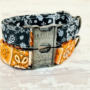Paisley Orange or black Dog Collar w/ metal buckle, HAND MADE , Custom Engraved Personalized Collar, 1 or 5/8" inch wide, designer collars