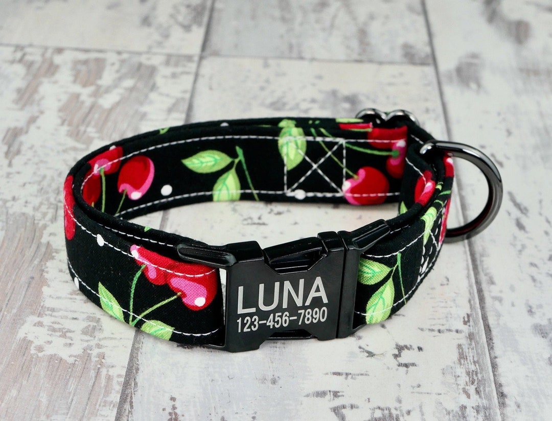 Cherry Dog Collar W/ Metal Buckle, HAND MADE , Custom Engraved