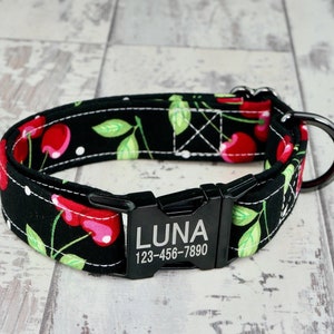 Cherry Dog Collar w/ metal buckle, HAND MADE , Custom Engraved Personalized Collar, 1 inch wide, designer collars