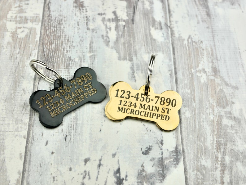 Gold/Gun Black Stainless Steel Dog Tag, Bone Shape, Custom Daisy floral Style ID Tags, Personalized Outdoor Dog Name Tag, Engraved Pet Tag image 5