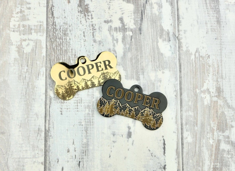 Black or Gold Stainless Steel Dog Tag, Bone Shape, Custom Mountain Style ID Tags, Personalized Outdoor Dog Name Tag, Engraved Pet Tag image 3